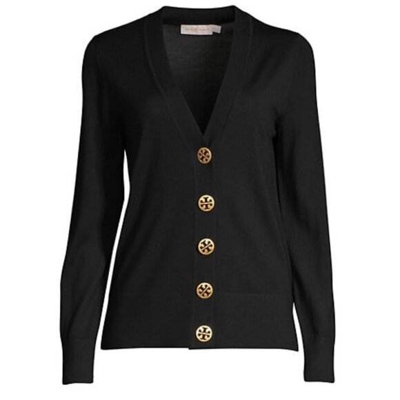 Tory Burch Womens Large Black Cardigan Sweater 100% Merino Wool With Gold Logo B - Picture 1 of 8
